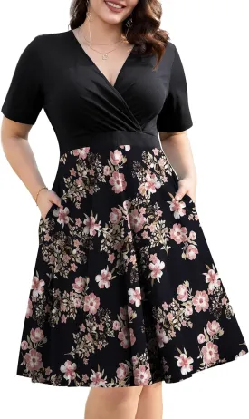 Ahlaray Womens Plus Size Dresses Short Sleeve Faux Wrap Causal Swing Dress with Pockets, L-4XL