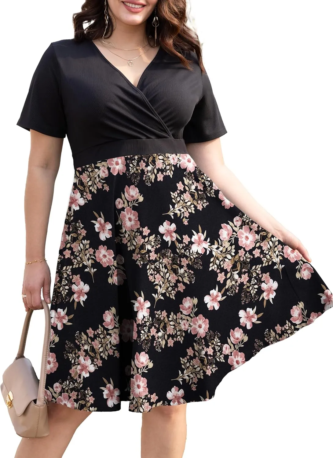 Ahlaray Womens Plus Size Dresses Short Sleeve Faux Wrap Causal Swing Dress with Pockets, L-4XL