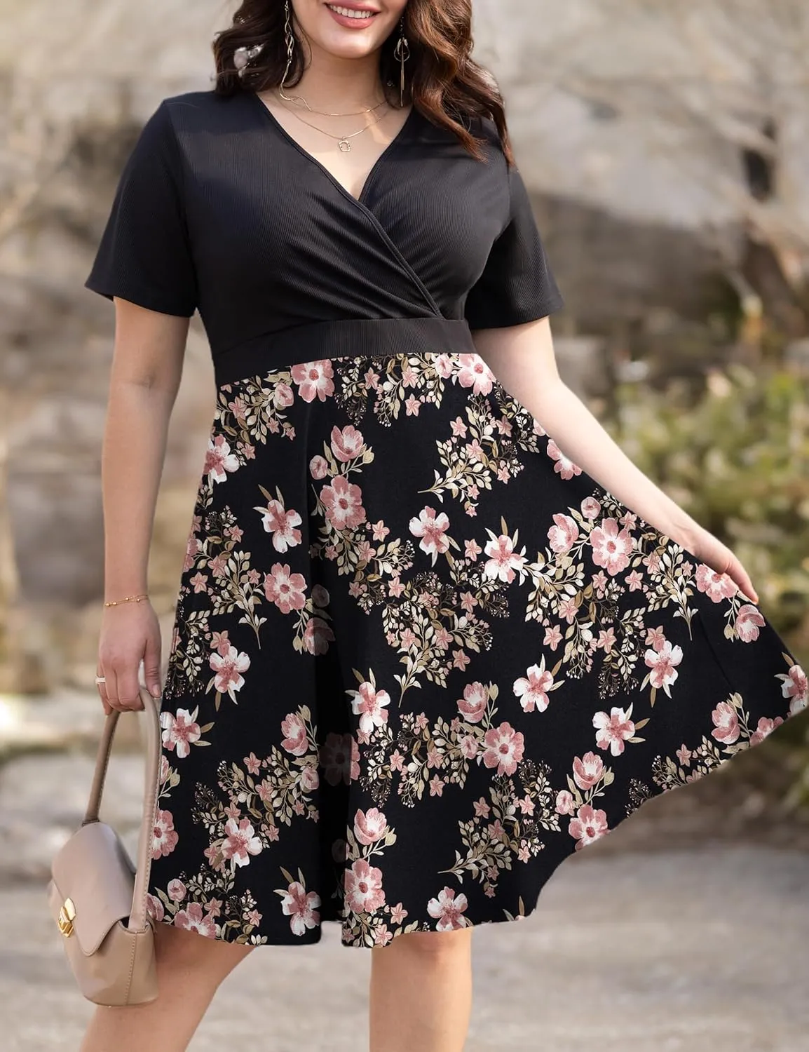 Ahlaray Womens Plus Size Dresses Short Sleeve Faux Wrap Causal Swing Dress with Pockets, L-4XL