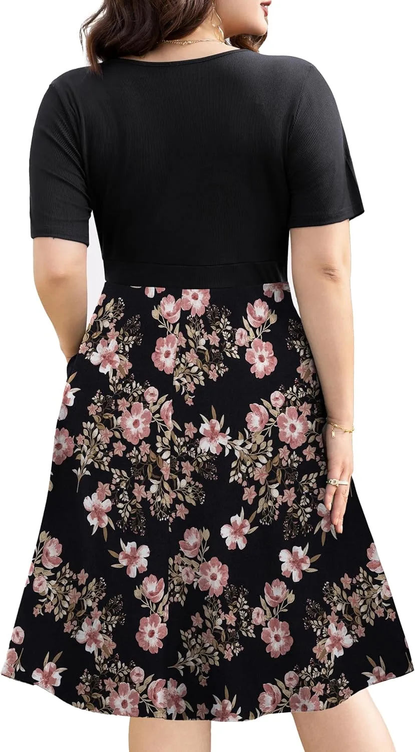Ahlaray Womens Plus Size Dresses Short Sleeve Faux Wrap Causal Swing Dress with Pockets, L-4XL