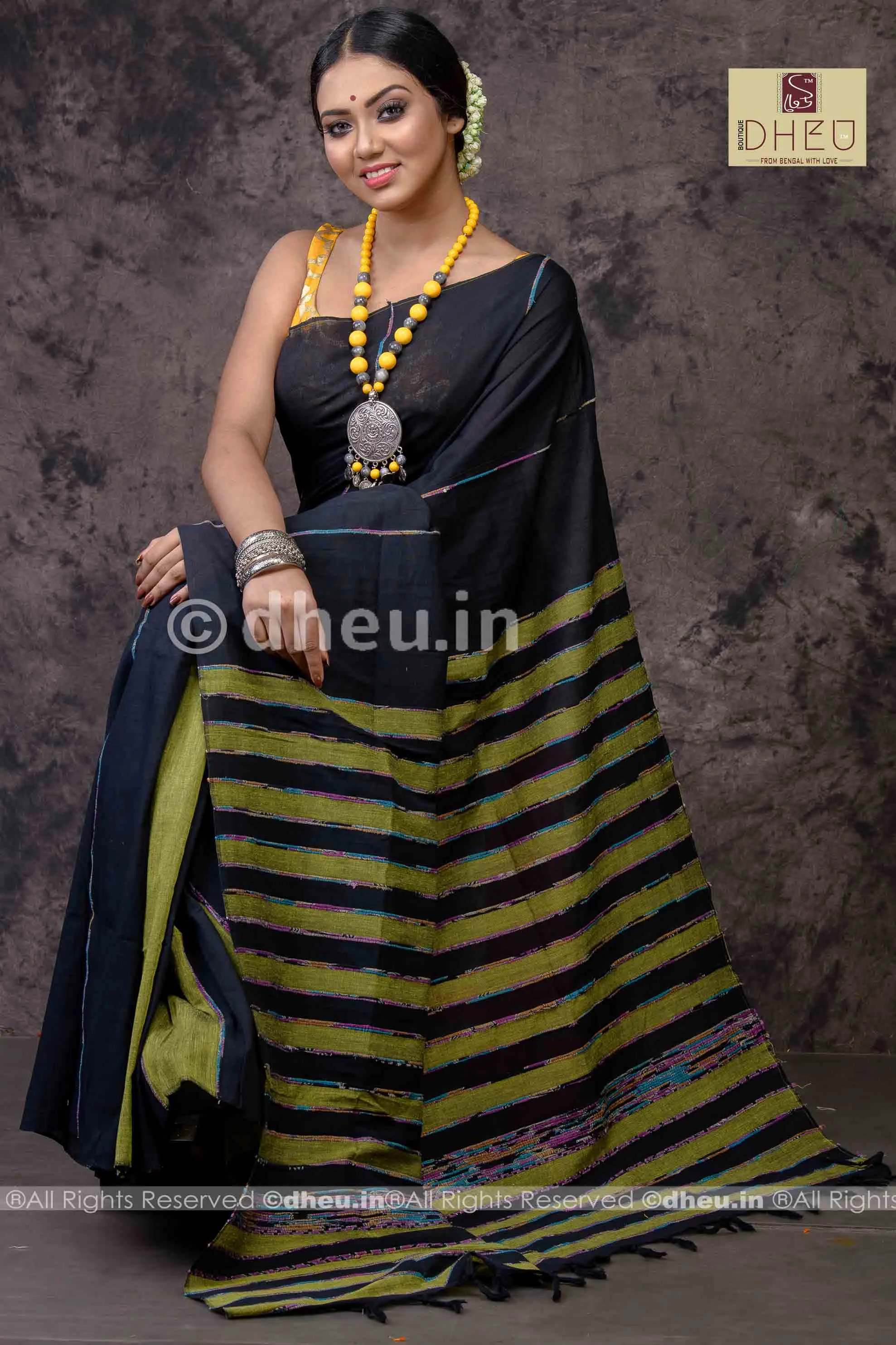Black Magic- Handloom Pure Cotton Saree-Kurta Couple Set