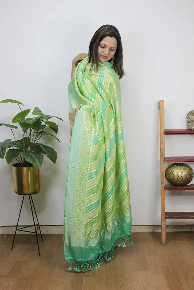 Blue And Green Handloom Banarasi Pure Georgette Brush Dye Dupatta
