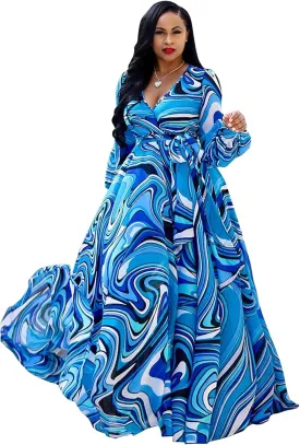 BOGURST Plus Size Maxi Dress for Women Chiffon Deep V-Neck Printed Loose Summer Beach Dresses