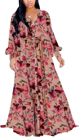 BOGURST Plus Size Maxi Dress for Women Chiffon Deep V-Neck Printed Loose Summer Beach Dresses