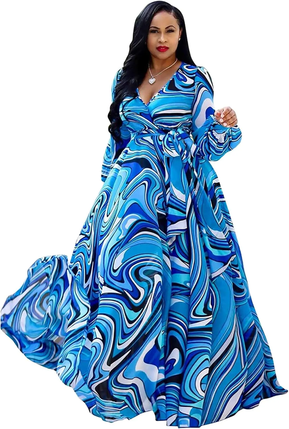 BOGURST Plus Size Maxi Dress for Women Chiffon Deep V-Neck Printed Loose Summer Beach Dresses