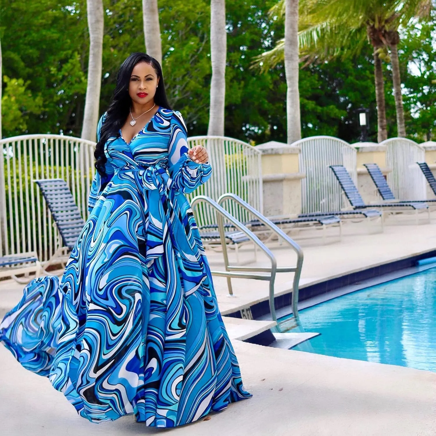 BOGURST Plus Size Maxi Dress for Women Chiffon Deep V-Neck Printed Loose Summer Beach Dresses