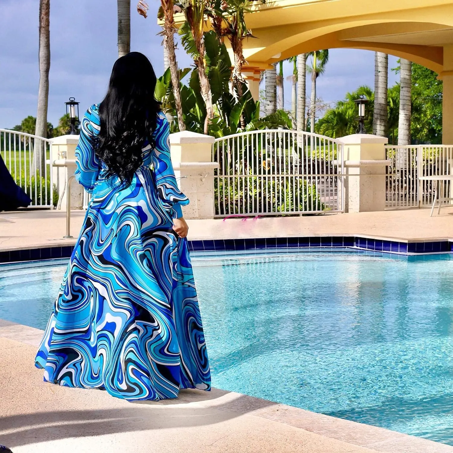BOGURST Plus Size Maxi Dress for Women Chiffon Deep V-Neck Printed Loose Summer Beach Dresses