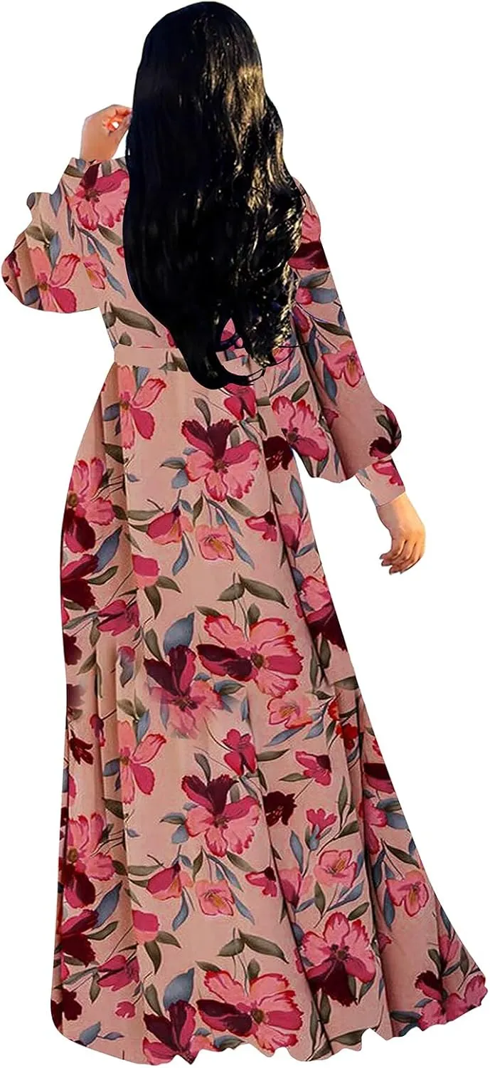 BOGURST Plus Size Maxi Dress for Women Chiffon Deep V-Neck Printed Loose Summer Beach Dresses