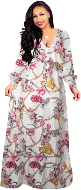 BOGURST Plus Size Maxi Dress for Women Chiffon Deep V-Neck Printed Loose Summer Beach Dresses