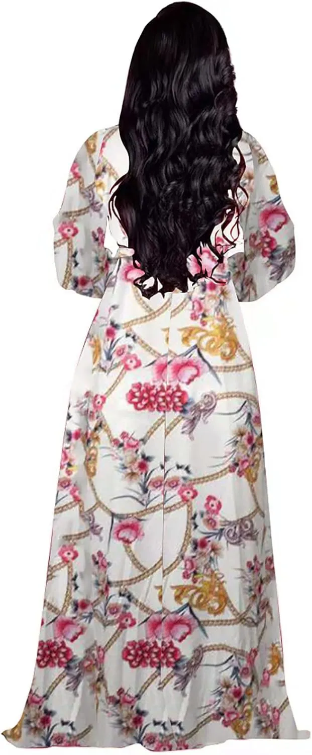 BOGURST Plus Size Maxi Dress for Women Chiffon Deep V-Neck Printed Loose Summer Beach Dresses