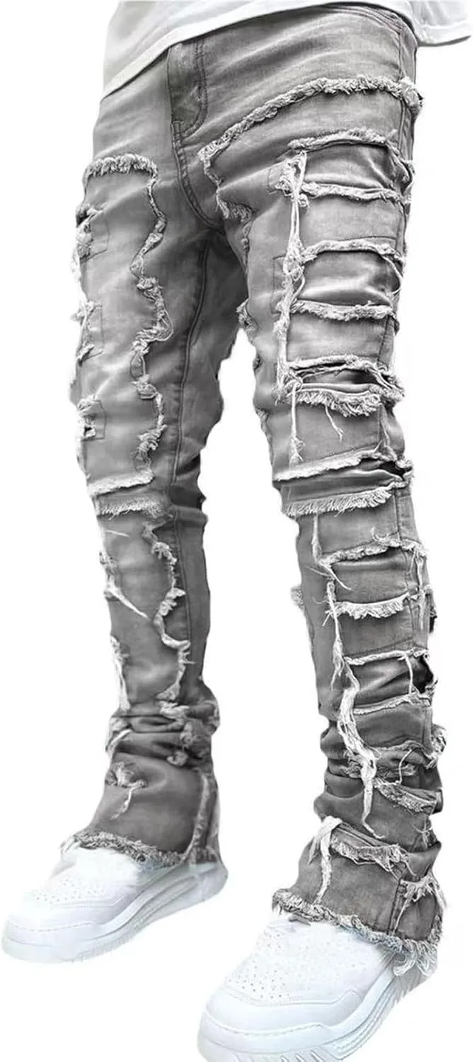 COOLMONAR Men's Ripped Distressed Destroyed Slim Fit Straight Leg Denim Jeans