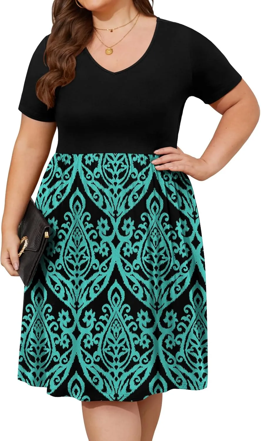 DB MOON Women Plus Size Dresses 2025 Summer Casual V Neck Short Sleeve Knee Length Dress with Pockets XL