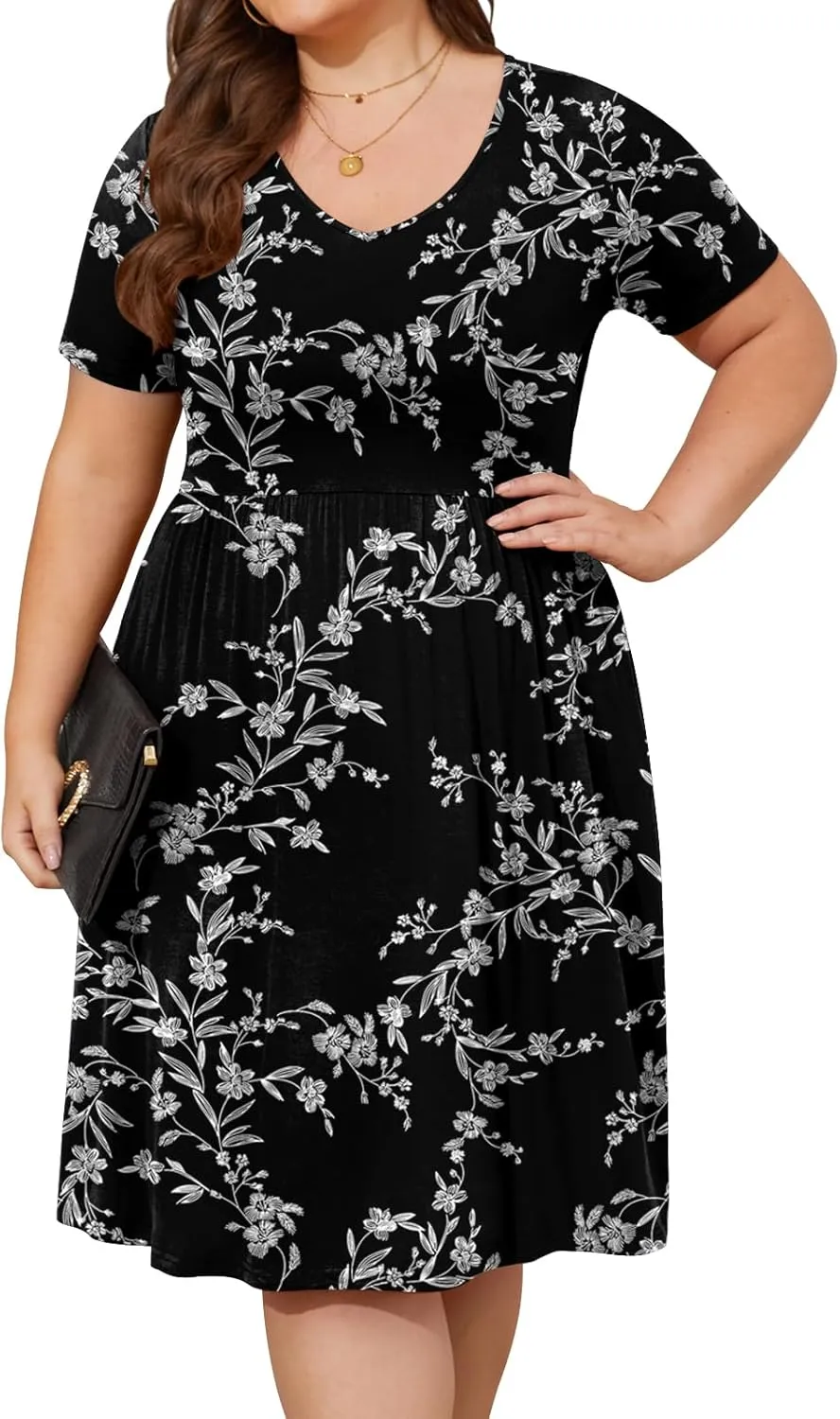 DB MOON Women Plus Size Dresses 2025 Summer Casual V Neck Short Sleeve Knee Length Dress with Pockets XL