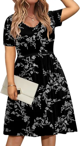 DB MOON Women Plus Size Dresses 2025 Summer Casual V Neck Short Sleeve Knee Length Dress with Pockets XL