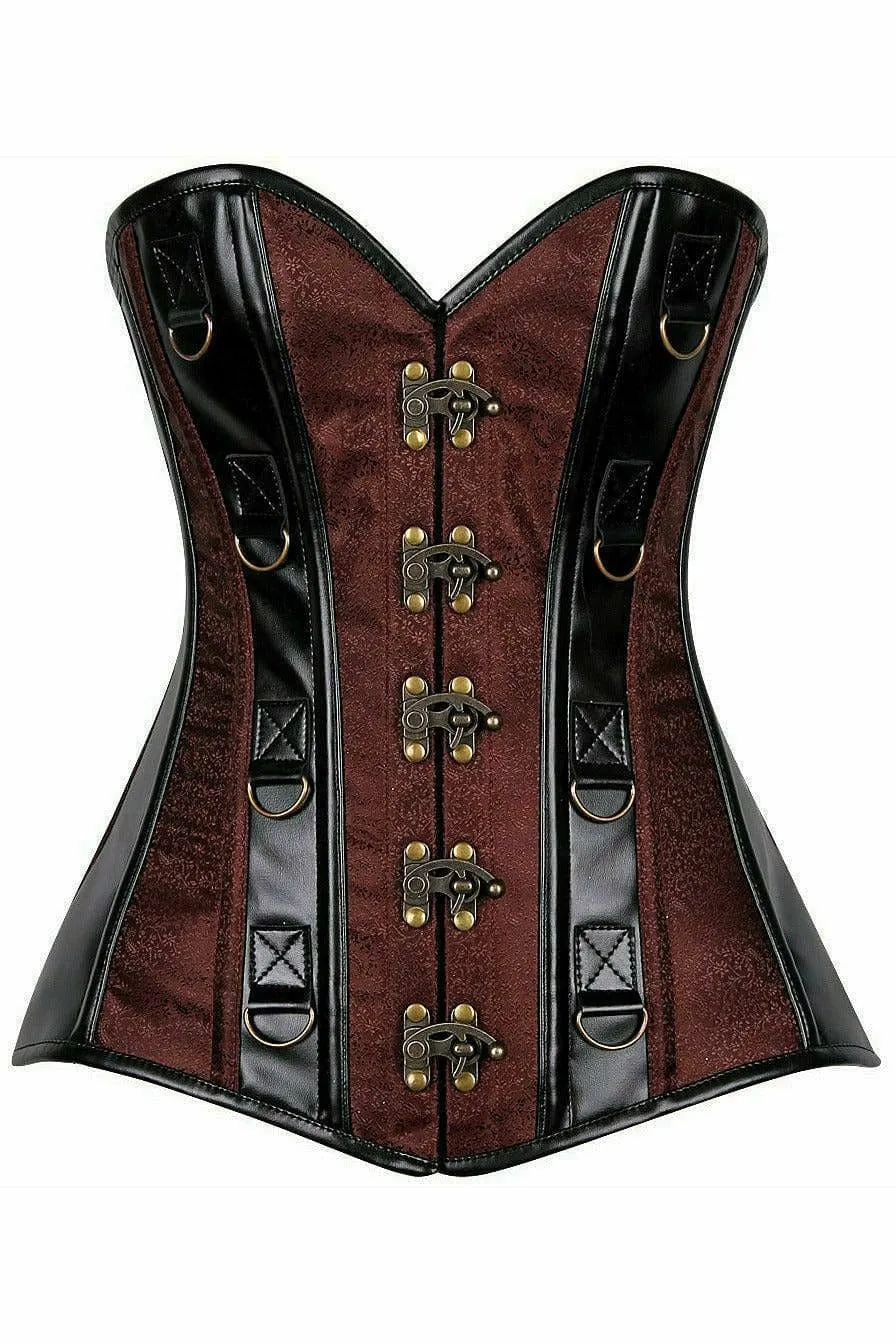 Deluxe Brown Brocade & Faux Leather Steel Boned Corset