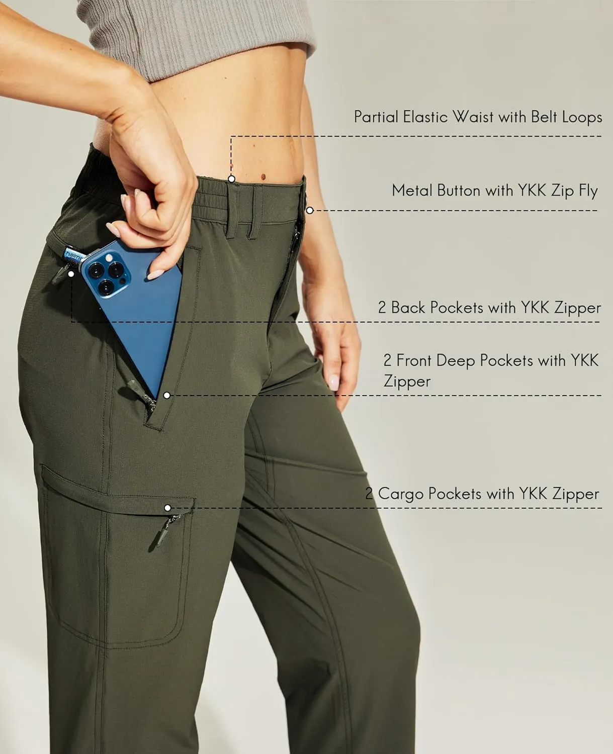 Haimont Women's Hiking Cargo Pants Quick Dry Lightweight Ripstop Stretch Nylon Travel Pants with Zip Pockets Water Repellent