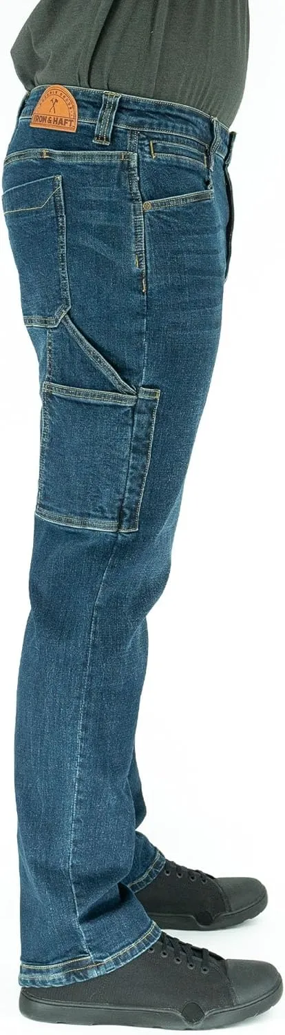 Iron & Haft Men's Journeyman Relaxed/Straight Fit Work Jeans, 12 Pocket Stretch Denim Tactical Jeans, Vintage/Medium Wash