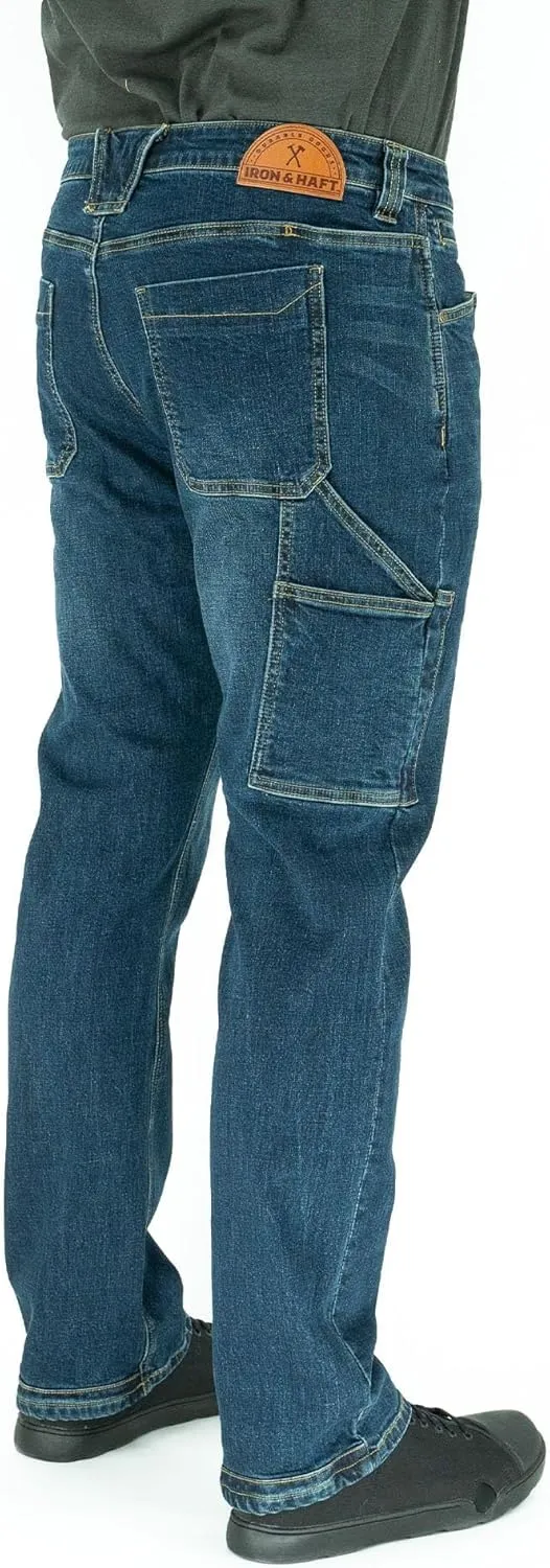 Iron & Haft Men's Journeyman Relaxed/Straight Fit Work Jeans, 12 Pocket Stretch Denim Tactical Jeans, Vintage/Medium Wash