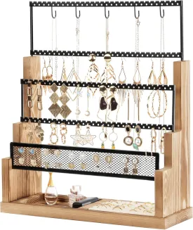 Lolalet Earring Holder Stand, 5 Tiers Jewelry Organizer Rack for Stud Earring Necklace Bracelet Wooden Rustic Display Storage with Velvet Ring Tray,Up to 90 pairs of earrings -Nature