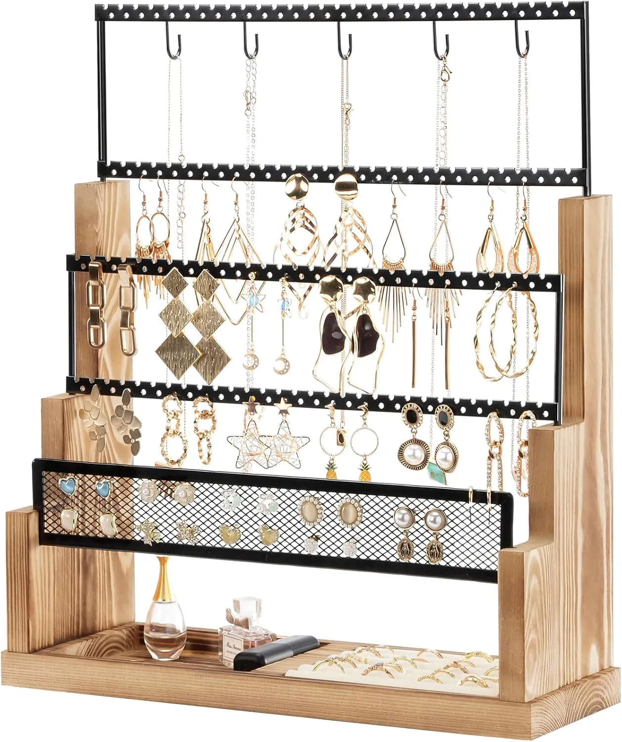 Lolalet Earring Holder Stand, 5 Tiers Jewelry Organizer Rack for Stud Earring Necklace Bracelet Wooden Rustic Display Storage with Velvet Ring Tray,Up to 90 pairs of earrings -Nature