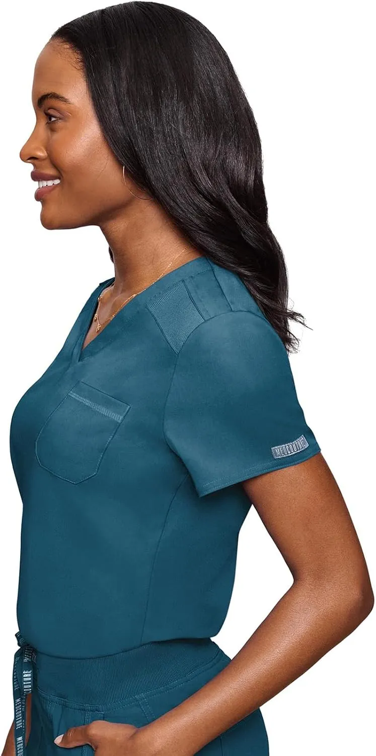 Med Couture Women's V-Neck Scrub Top, Modern Fit Tuck-in Top with Stretchy Rib-Knit Shoulders and Chest Pocket - MC7448