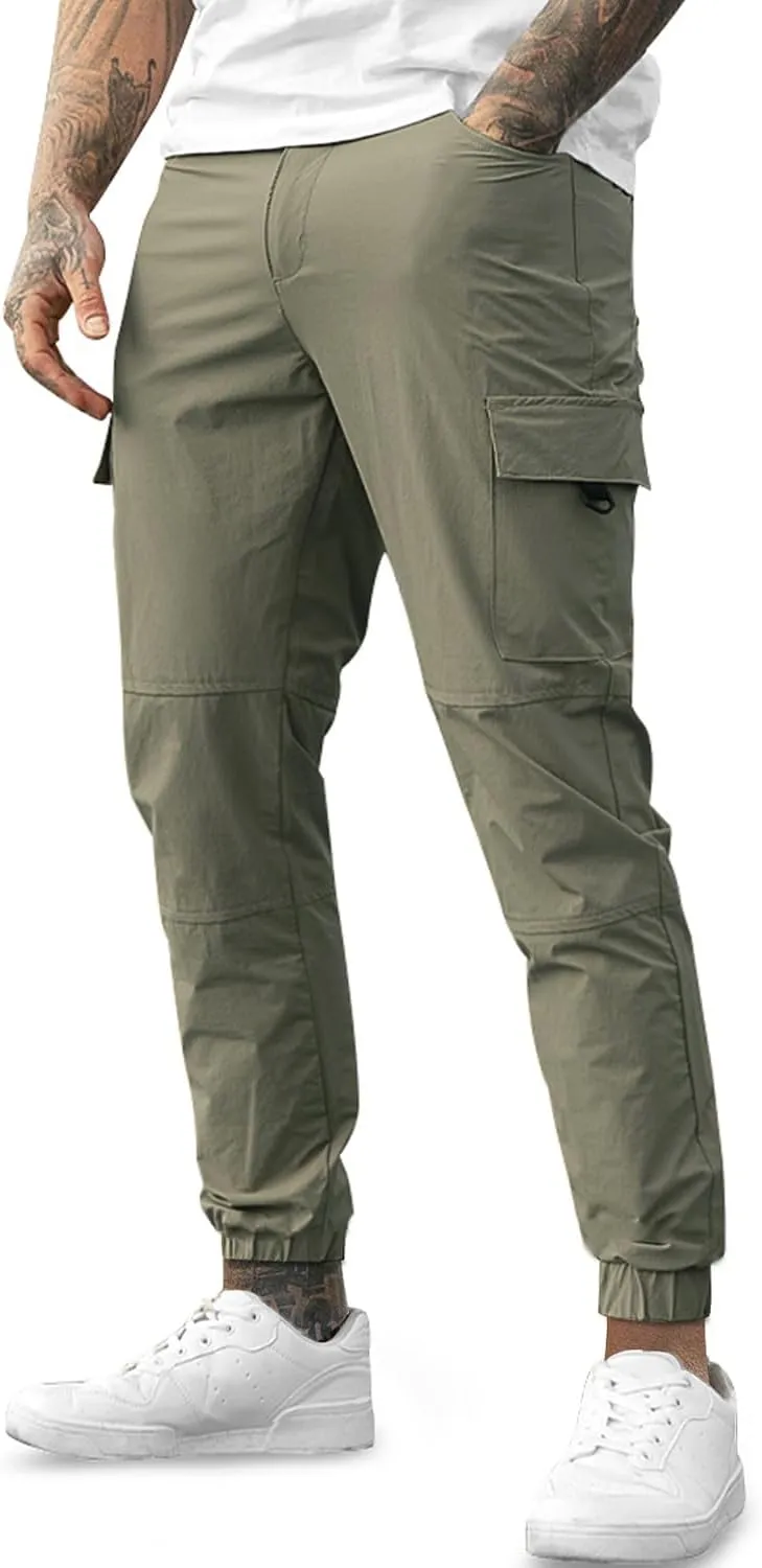 Mens Cargo Joggers Quick Dry Zipper Pockets Slim Fit 4 Way Stretch Elastic Waist Hiking Pants Lightweight