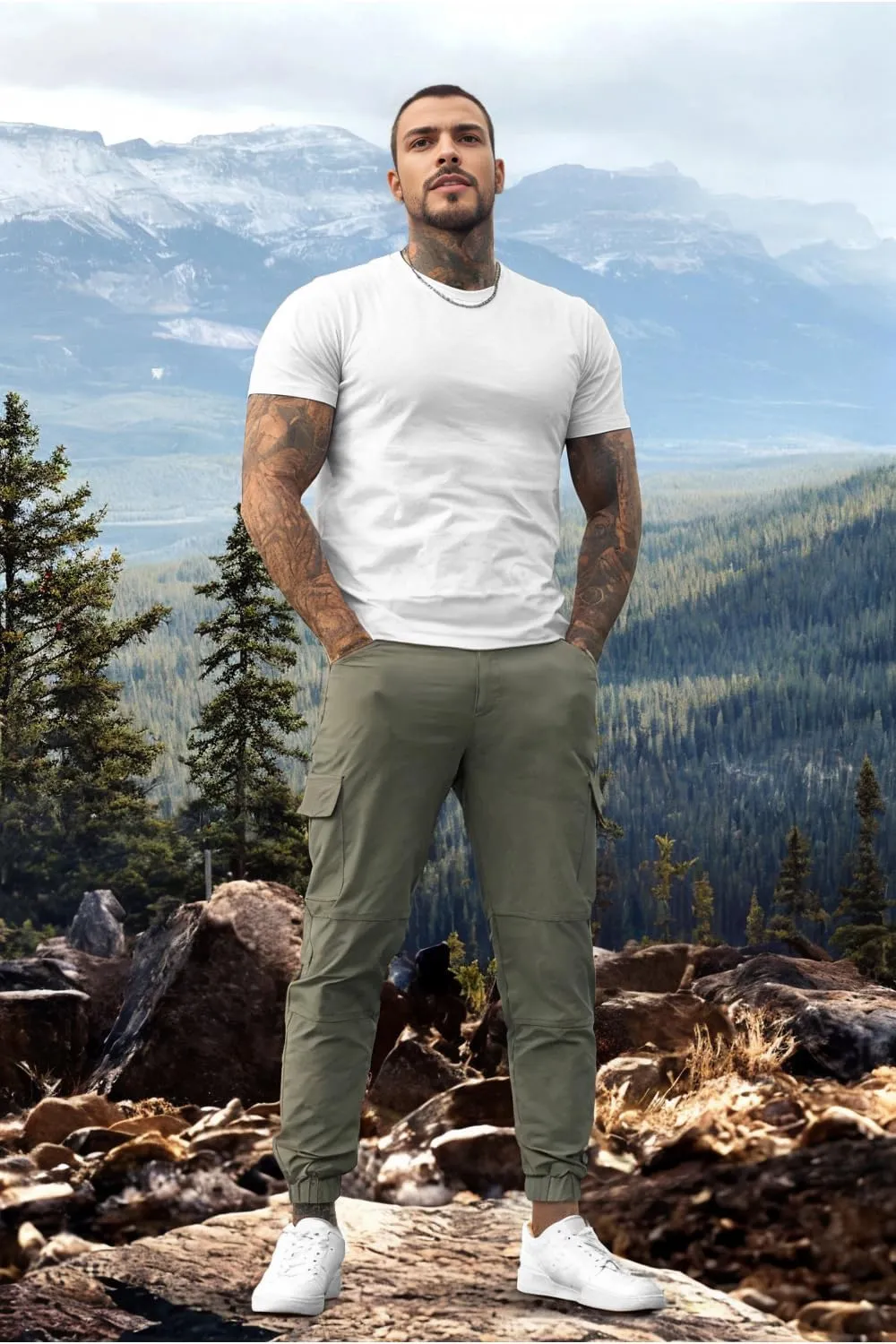 Mens Cargo Joggers Quick Dry Zipper Pockets Slim Fit 4 Way Stretch Elastic Waist Hiking Pants Lightweight