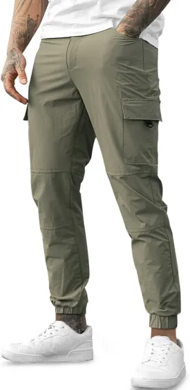 Mens Cargo Joggers Quick Dry Zipper Pockets Slim Fit 4 Way Stretch Elastic Waist Hiking Pants Lightweight