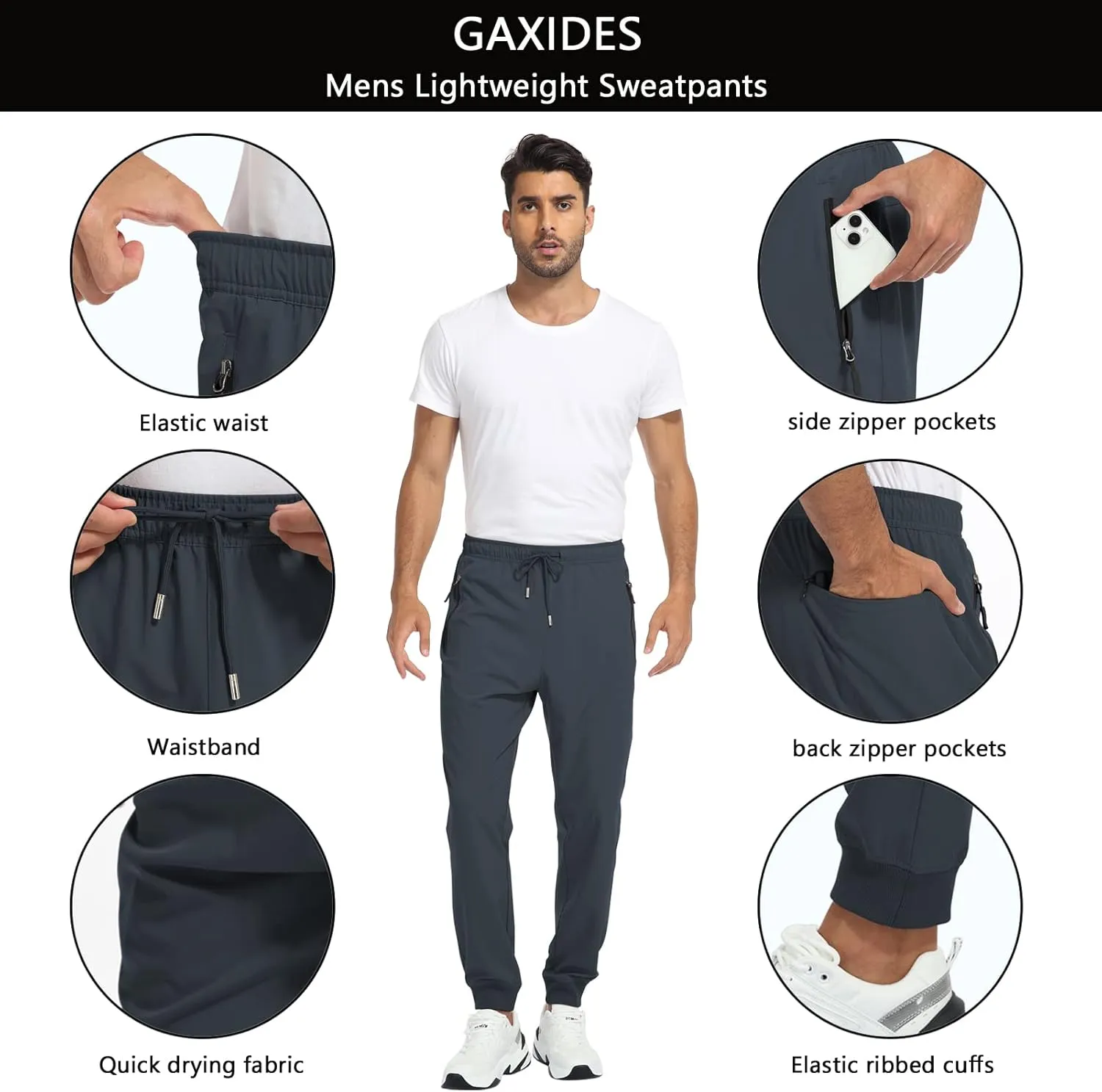 Men's Lightweight Jogger Pants Quick Dry Athletic Hiking Pants for Men with 3 Zipper Pockets