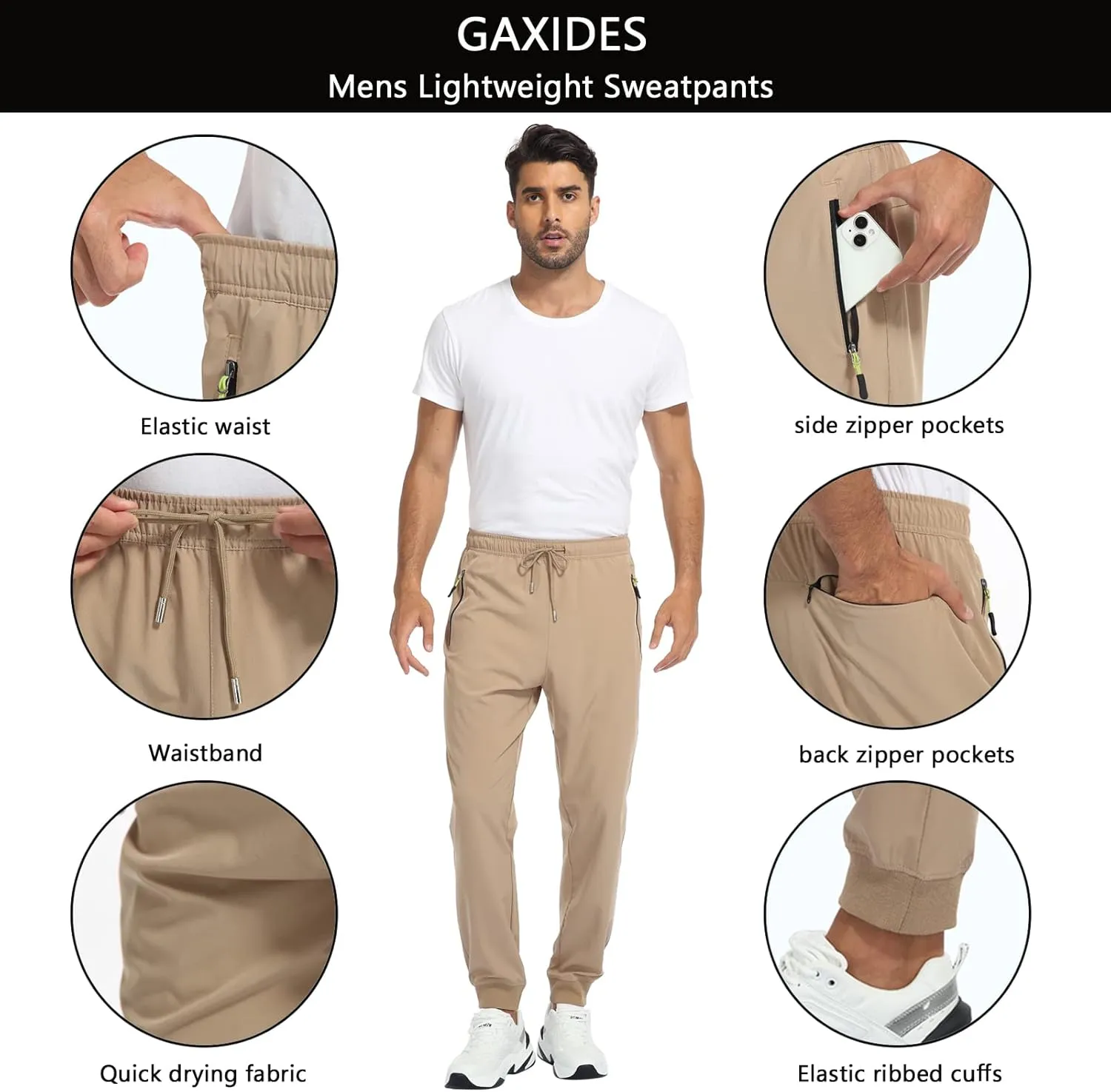 Men's Lightweight Jogger Pants Quick Dry Athletic Hiking Pants for Men with 3 Zipper Pockets