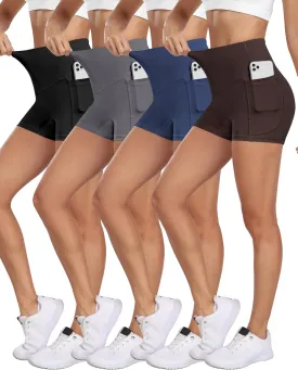NORMOV 4 Packs Spandex Shorts for Women with Pockets, 3'' High Waisted Tummy Control Booty Yoga Shorts