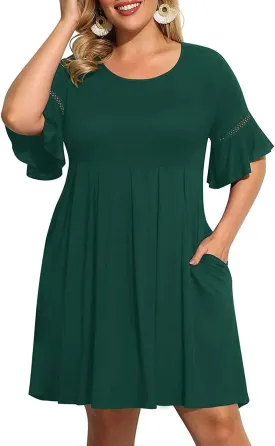 Pinup Fashion Womens Plus Size Bell Sleeve Round Neck Casual Summer Knit Babydoll Swing Dress Pockets