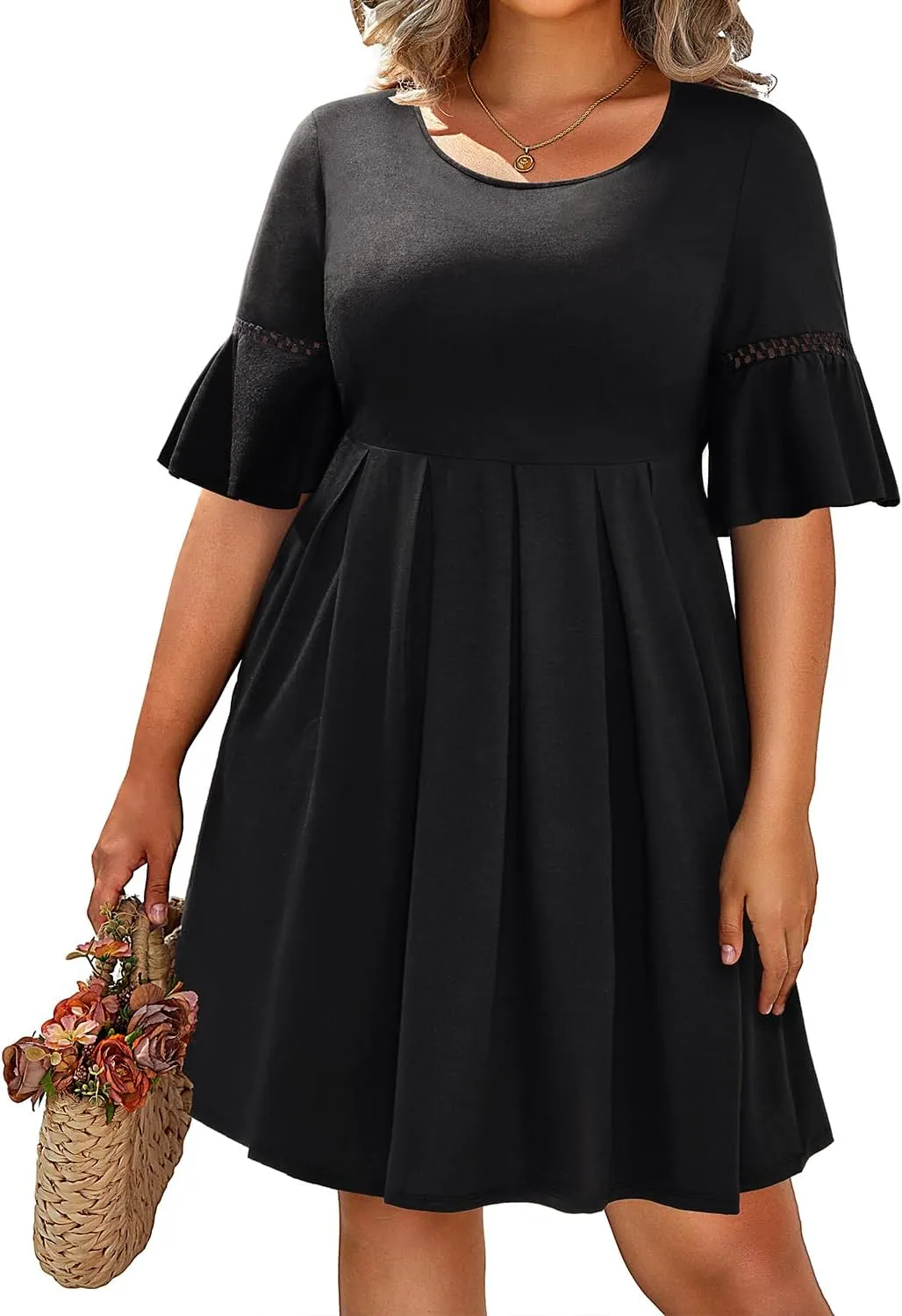 Pinup Fashion Womens Plus Size Bell Sleeve Round Neck Casual Summer Knit Babydoll Swing Dress Pockets
