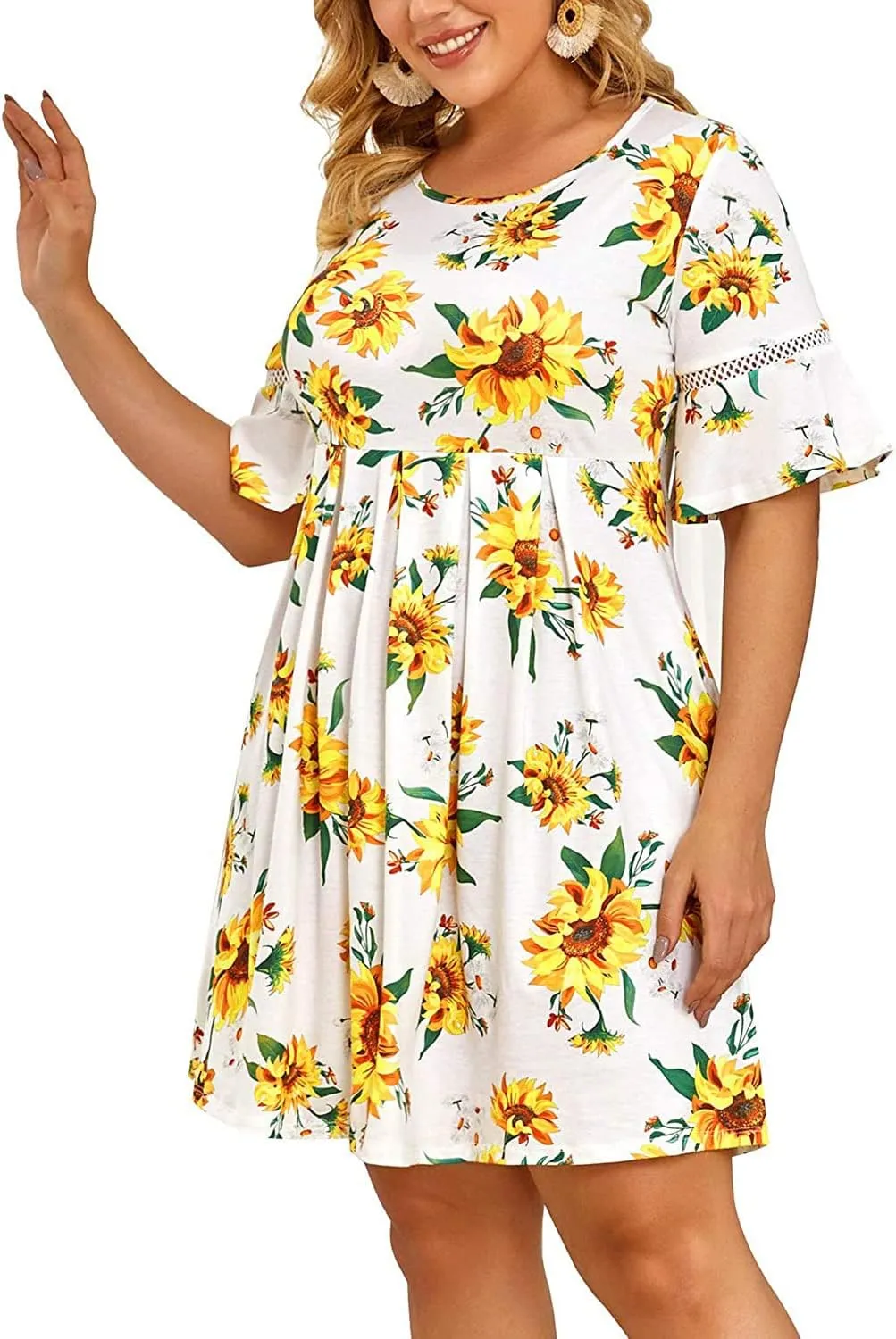 Pinup Fashion Womens Plus Size Bell Sleeve Round Neck Casual Summer Knit Babydoll Swing Dress Pockets