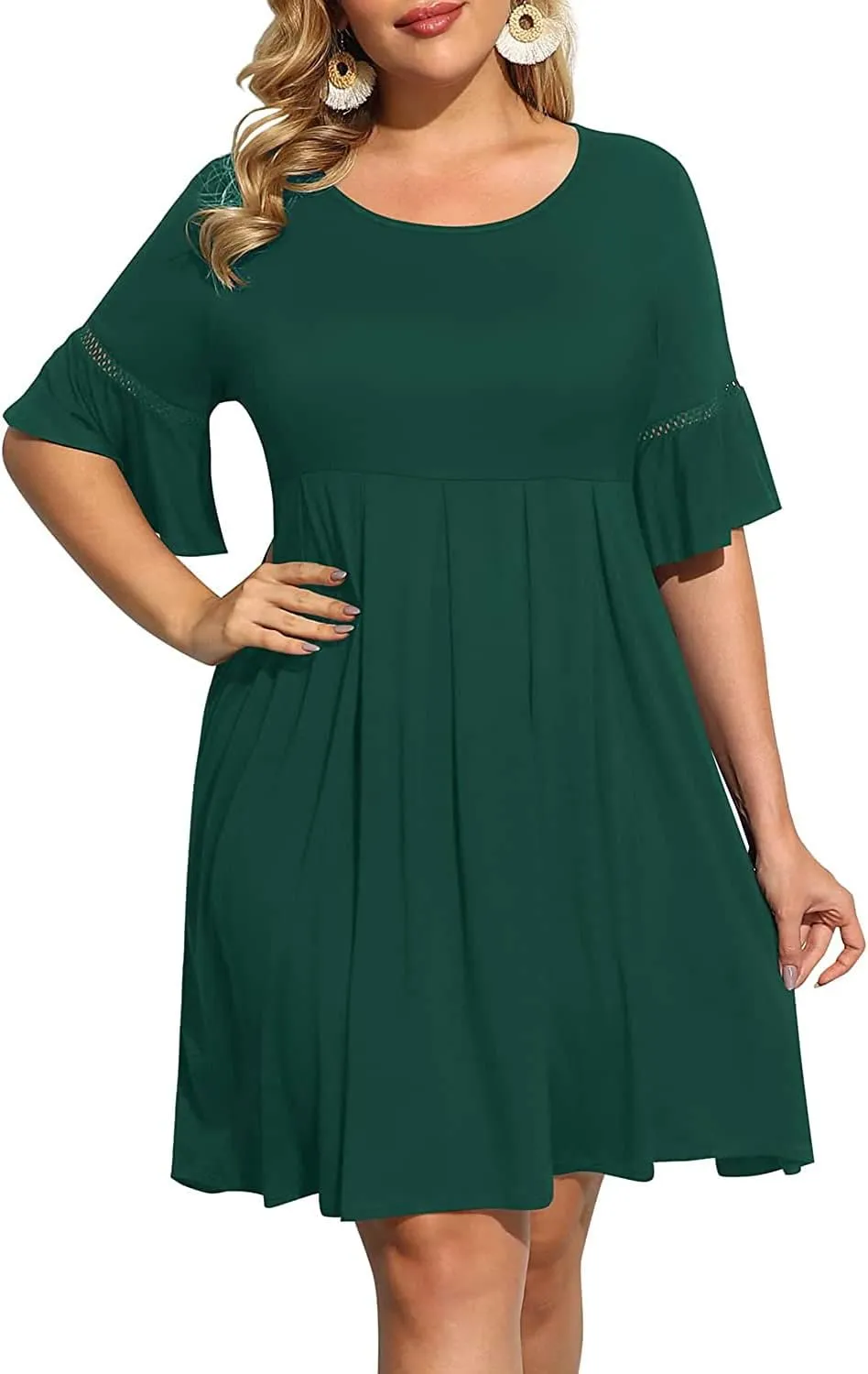 Pinup Fashion Womens Plus Size Bell Sleeve Round Neck Casual Summer Knit Babydoll Swing Dress Pockets