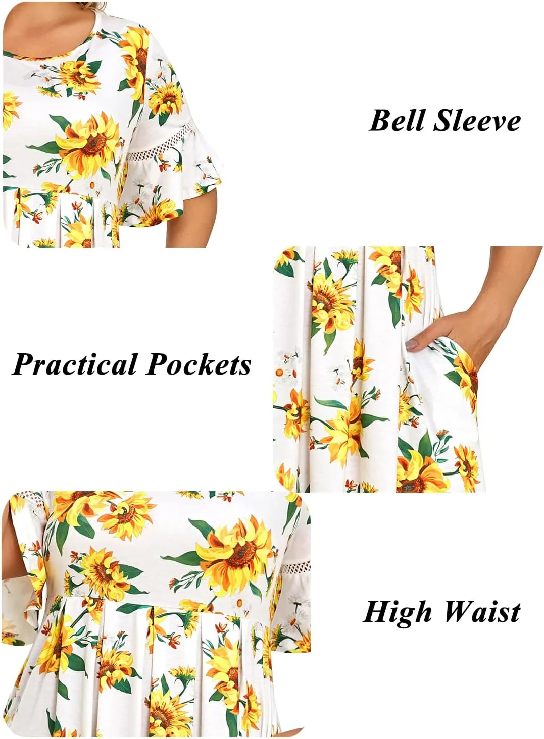 Pinup Fashion Womens Plus Size Bell Sleeve Round Neck Casual Summer Knit Babydoll Swing Dress Pockets