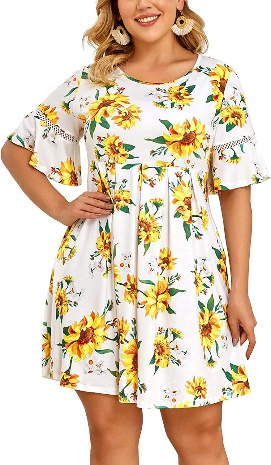 Pinup Fashion Womens Plus Size Bell Sleeve Round Neck Casual Summer Knit Babydoll Swing Dress Pockets