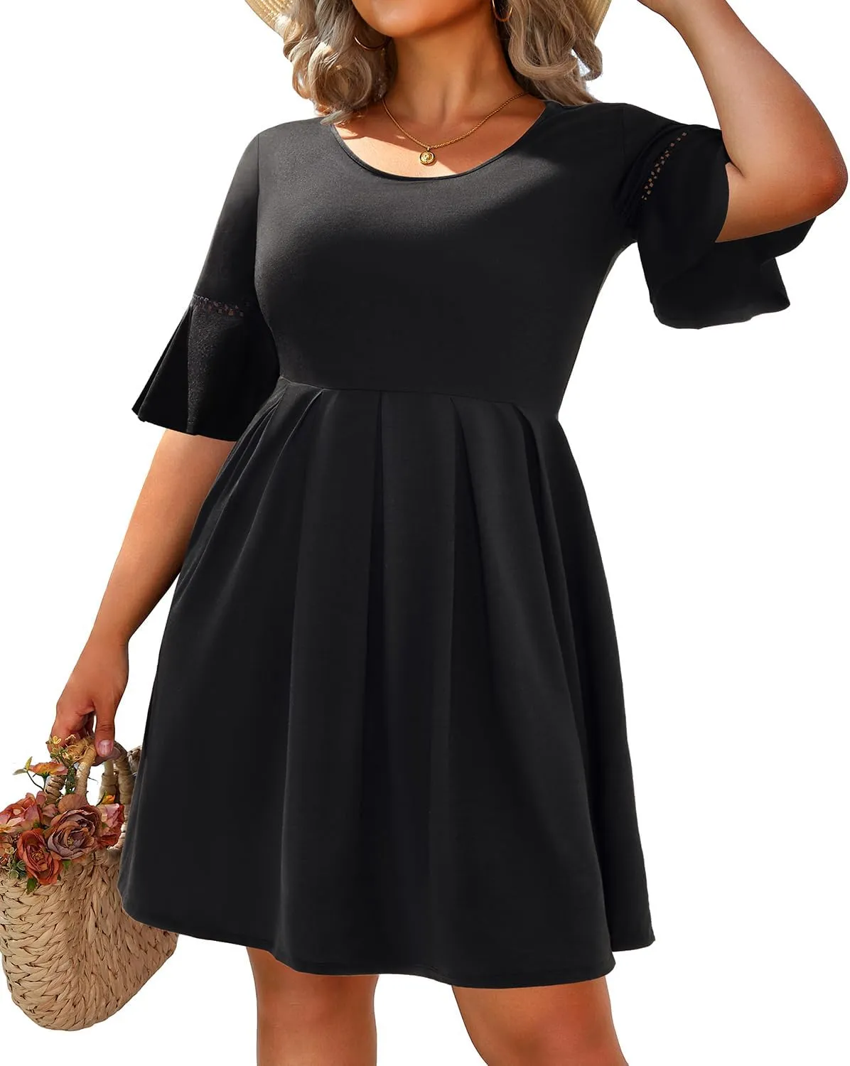 Pinup Fashion Womens Plus Size Bell Sleeve Round Neck Casual Summer Knit Babydoll Swing Dress Pockets
