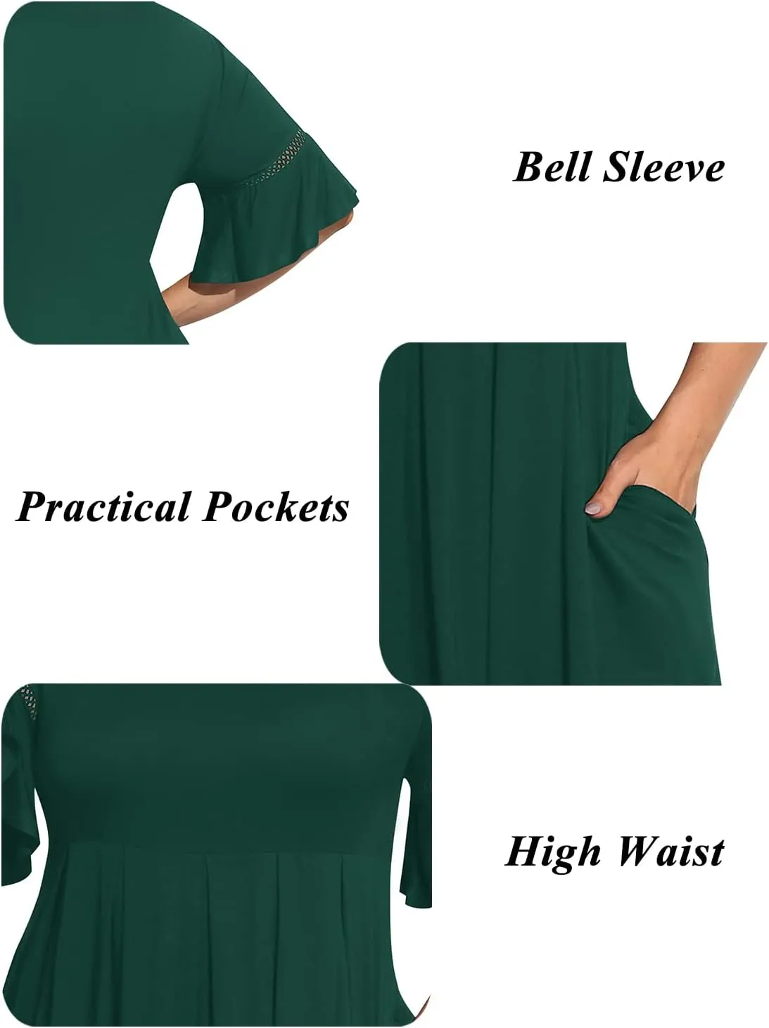 Pinup Fashion Womens Plus Size Bell Sleeve Round Neck Casual Summer Knit Babydoll Swing Dress Pockets