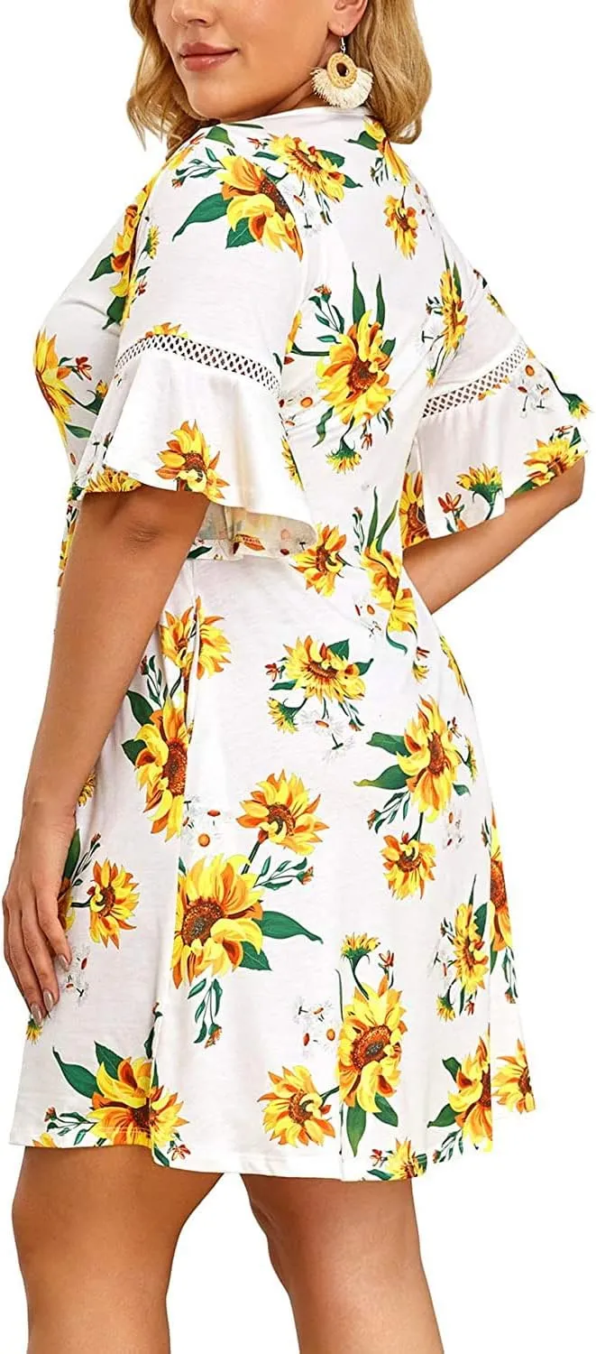 Pinup Fashion Womens Plus Size Bell Sleeve Round Neck Casual Summer Knit Babydoll Swing Dress Pockets