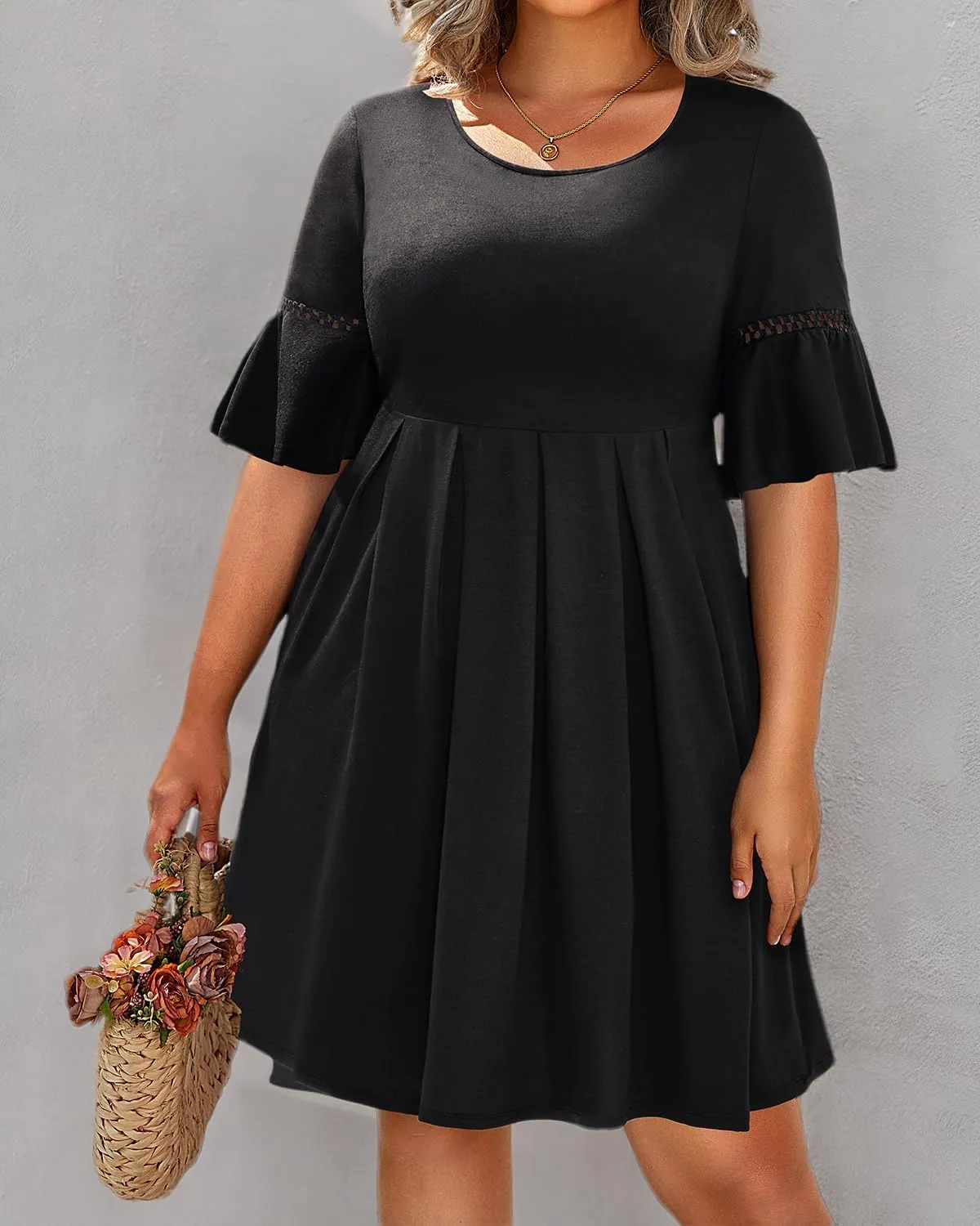 Pinup Fashion Womens Plus Size Bell Sleeve Round Neck Casual Summer Knit Babydoll Swing Dress Pockets