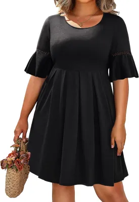 Pinup Fashion Womens Plus Size Bell Sleeve Round Neck Casual Summer Knit Babydoll Swing Dress Pockets
