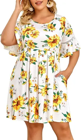 Pinup Fashion Womens Plus Size Bell Sleeve Round Neck Casual Summer Knit Babydoll Swing Dress Pockets