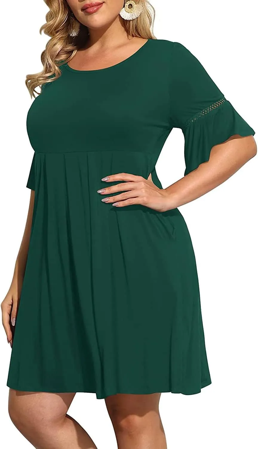 Pinup Fashion Womens Plus Size Bell Sleeve Round Neck Casual Summer Knit Babydoll Swing Dress Pockets