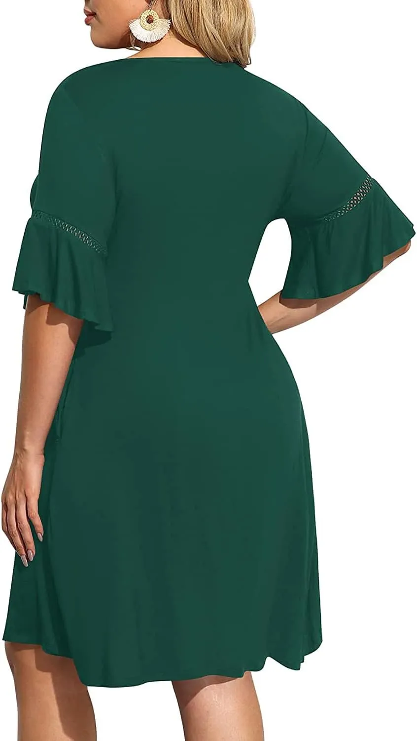 Pinup Fashion Womens Plus Size Bell Sleeve Round Neck Casual Summer Knit Babydoll Swing Dress Pockets