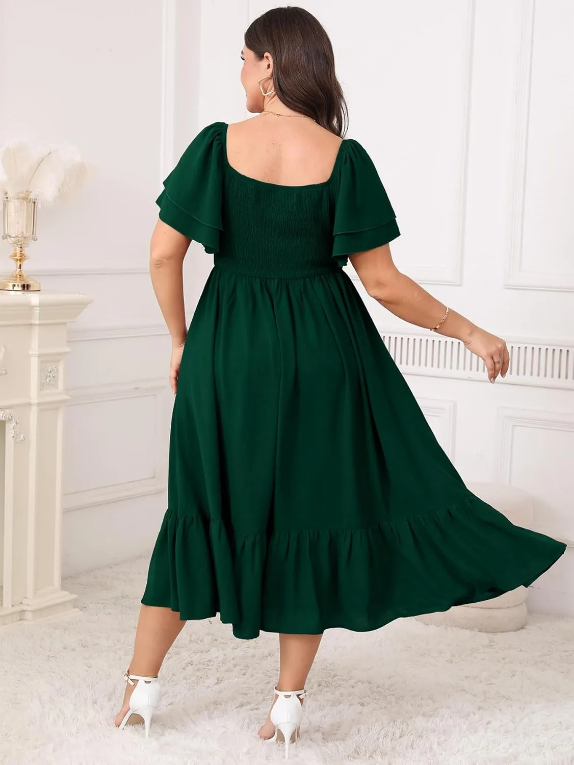 SCOMCHIC Womens Plus Size Wedding Guest Cocktail Dresses Sweetheart Neckline Short Sleeve Smocked Ruffle Slit Maxi Dress
