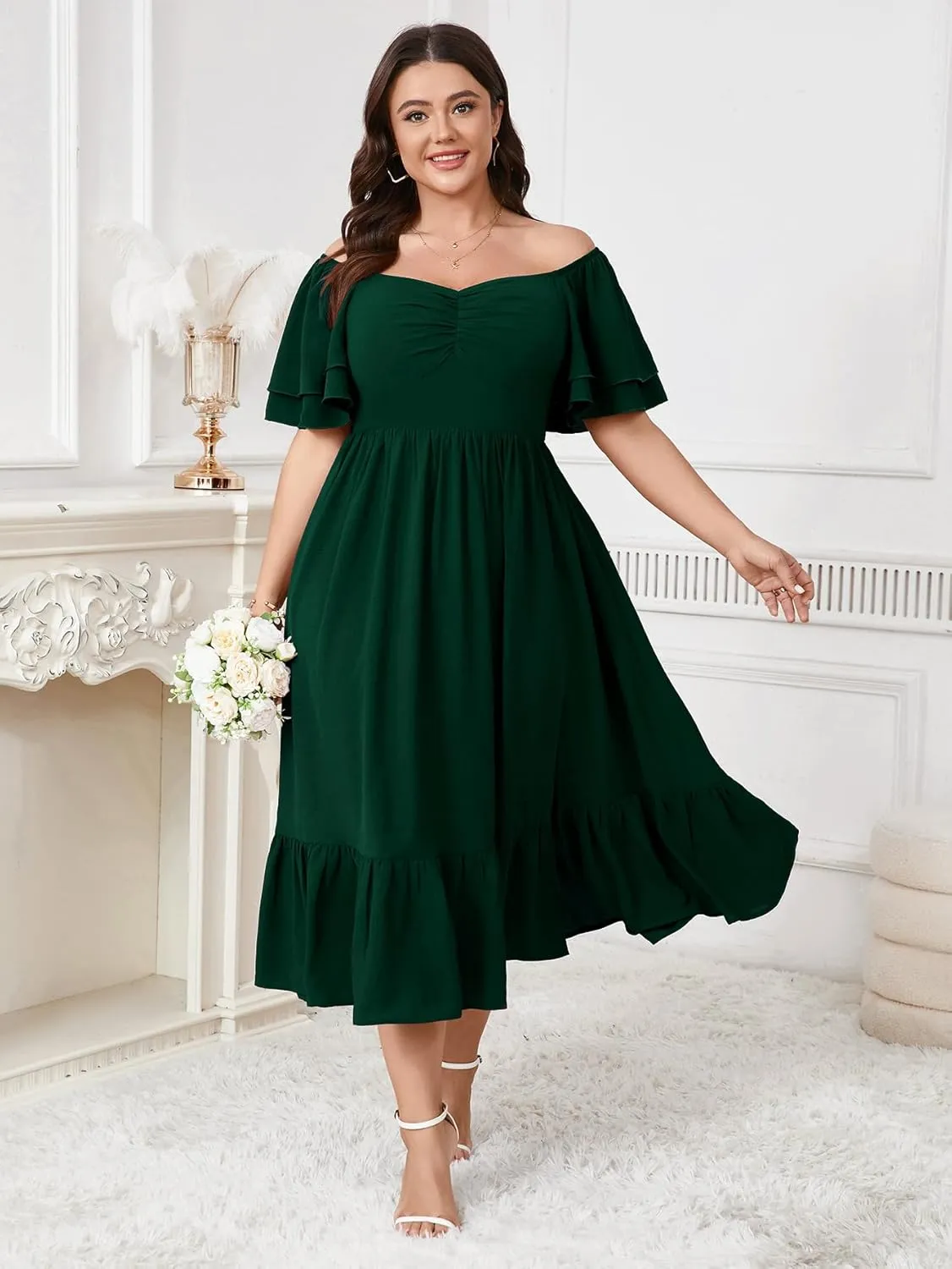 SCOMCHIC Womens Plus Size Wedding Guest Cocktail Dresses Sweetheart Neckline Short Sleeve Smocked Ruffle Slit Maxi Dress