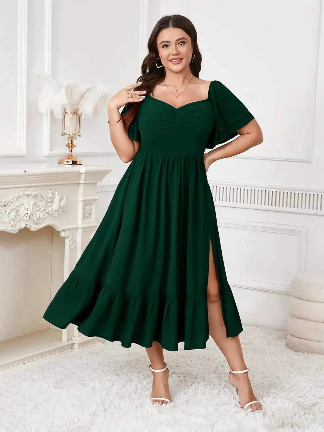 SCOMCHIC Womens Plus Size Wedding Guest Cocktail Dresses Sweetheart Neckline Short Sleeve Smocked Ruffle Slit Maxi Dress