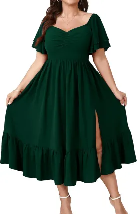 SCOMCHIC Womens Plus Size Wedding Guest Cocktail Dresses Sweetheart Neckline Short Sleeve Smocked Ruffle Slit Maxi Dress