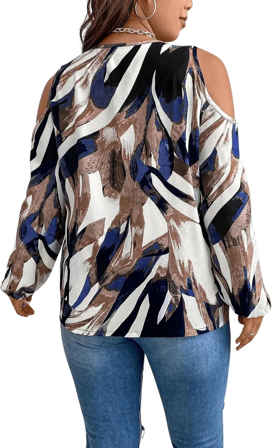 SOLY HUX Women's Plus Size Blouse Allover Print Cold Shoulder Bishop Long Sleeve Half Zip Tops